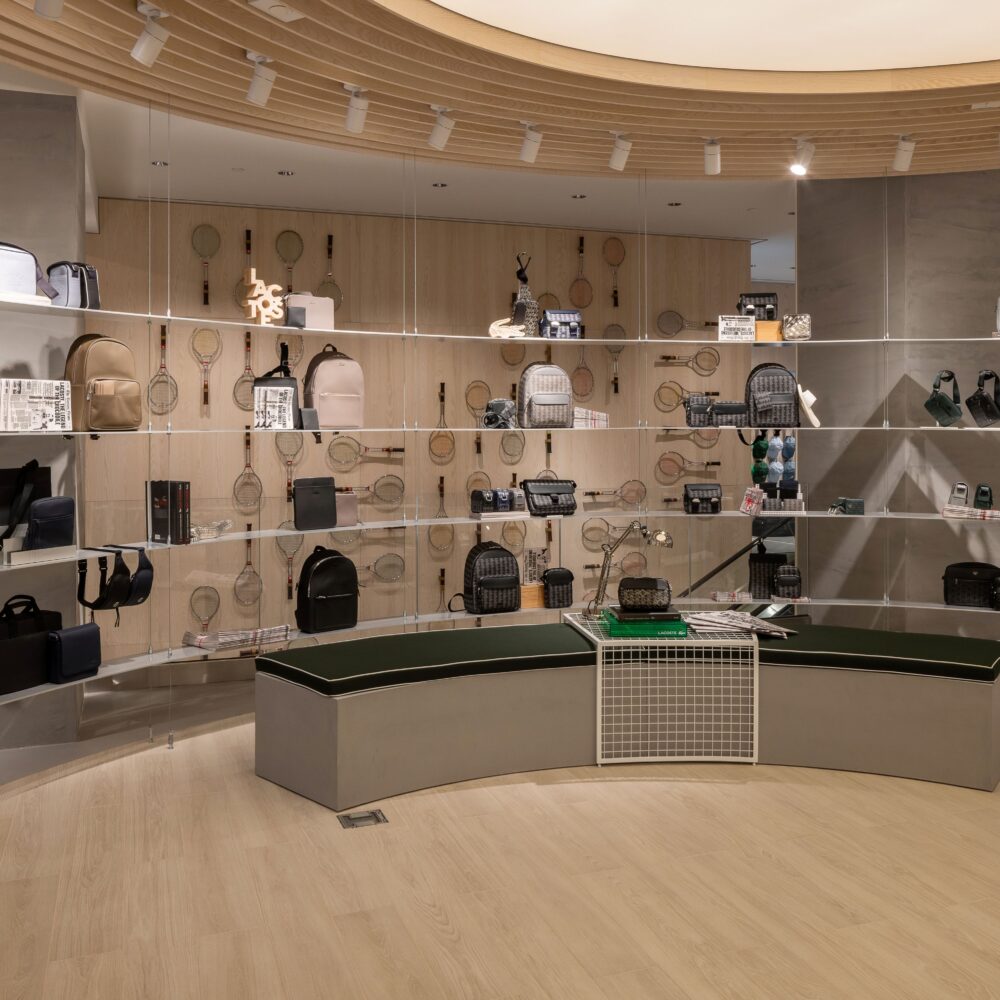Left section of the second-floor circular display area at Lacoste Flagship Store, Fifth Avenue, New York, illuminated by Zeplinn’s architectural lighting.