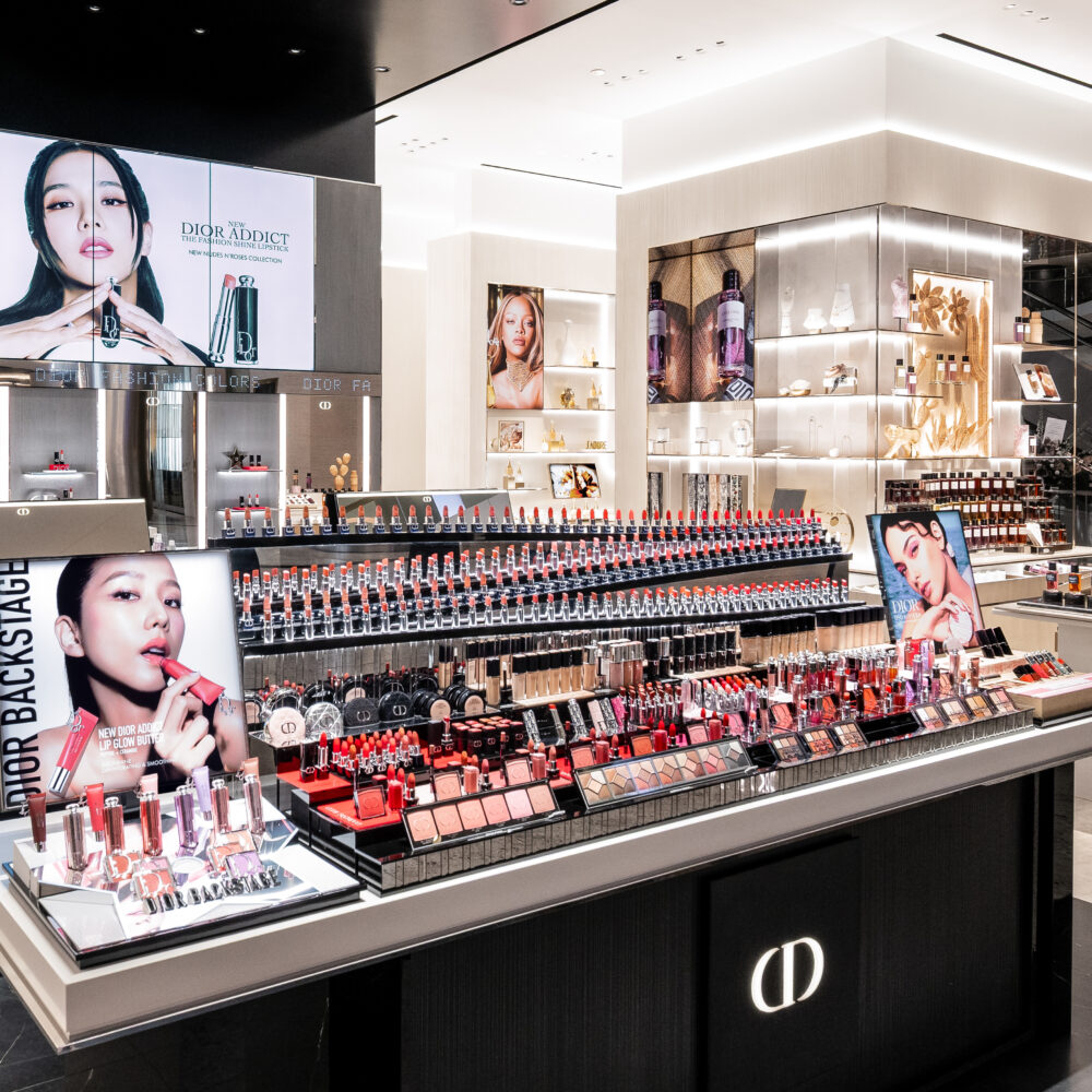 Interior of Parfums Christian Dior boutique at Raffles City Singapore with refined display lighting supplied by Zeplinn.