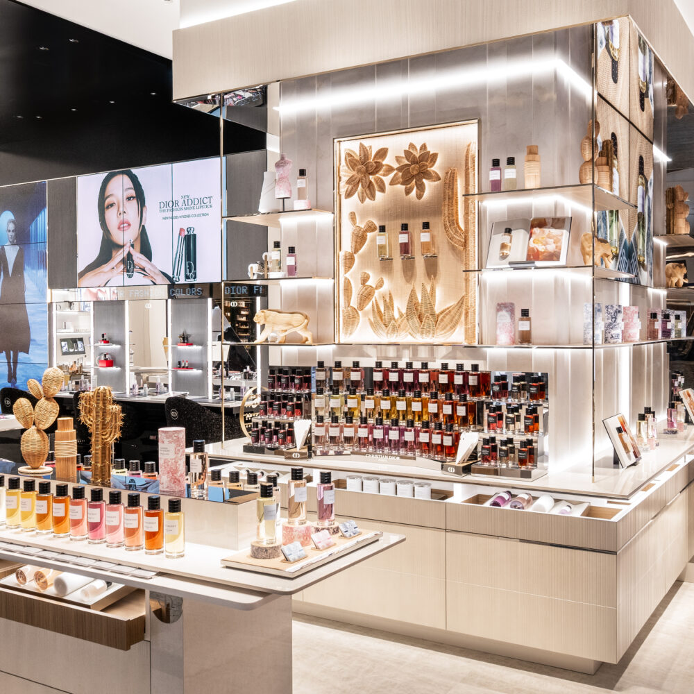Parfums Christian Dior boutique interior in Raffles City Singapore with warm, elegant lighting supplied by Zeplinn.