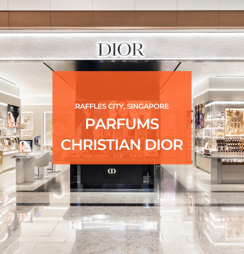 Exterior view of Parfums Christian Dior boutique at Raffles City Singapore featuring elegant façade lighting supplied by Zeplinn.