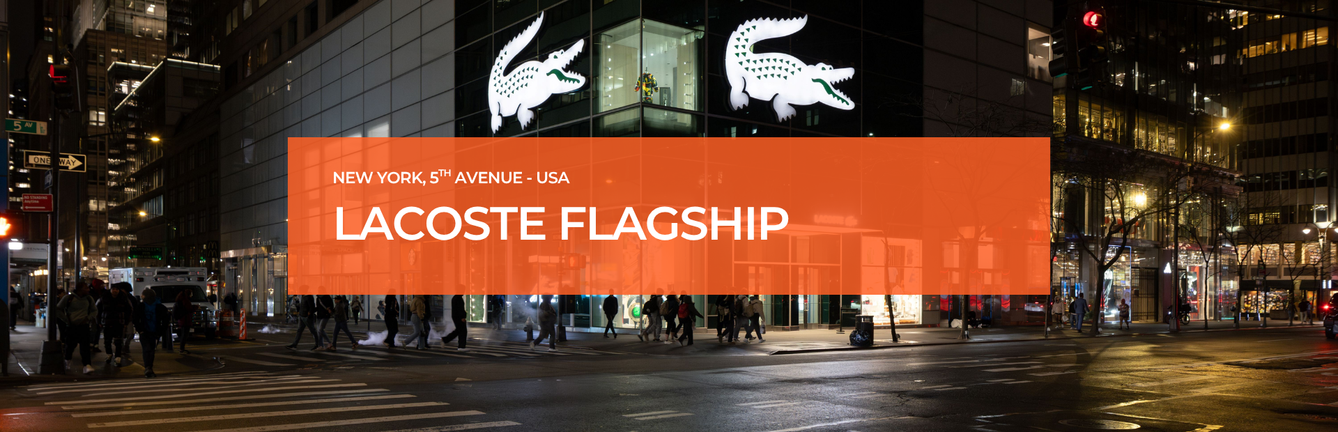 Exterior view of the Lacoste Flagship Store on Fifth Avenue, New York, illuminated with Zeplinn’s architectural lighting across two floors.