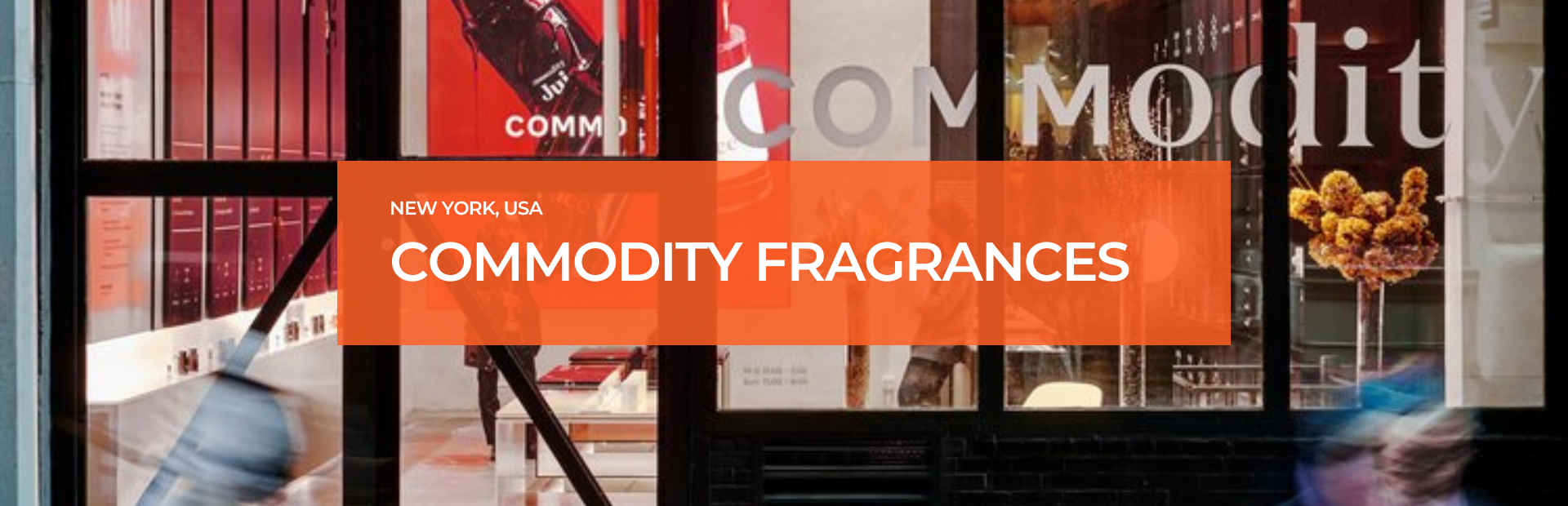 "Interior of Commodity Fragrances boutique in New York featuring modern minimalist design, elegant lighting, neatly displayed fragrance bottles, and a welcoming shopping environment.