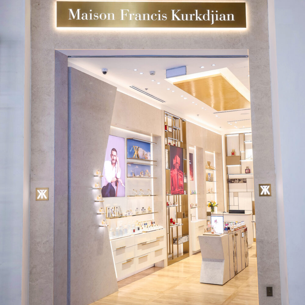 Entrance of Maison Francis Kurkdjian boutique at Adora Greenbelt, Manila, Philippines, illuminated with Zeplinn’s architectural lighting.