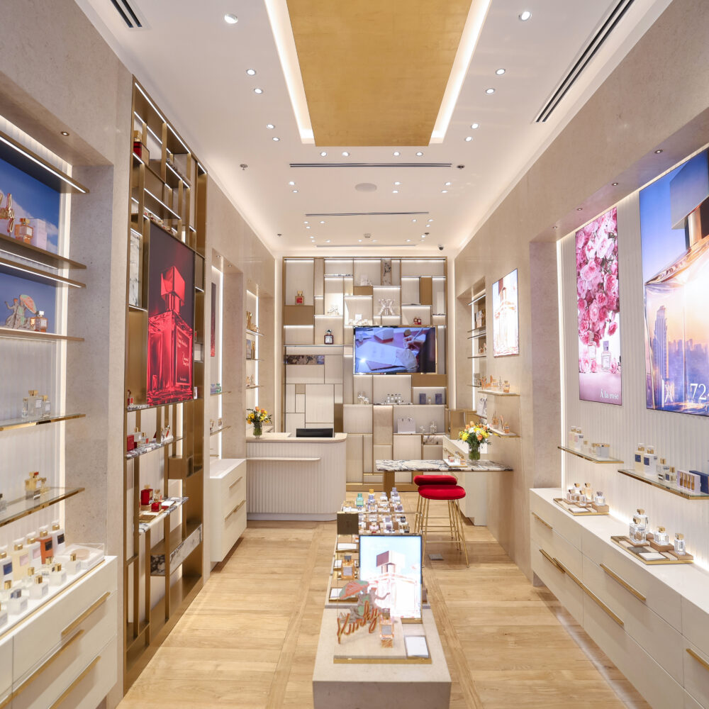 Corridor inside Maison Francis Kurkdjian boutique at Adora Greenbelt, Manila, illuminated by Zeplinn’s architectural lighting.