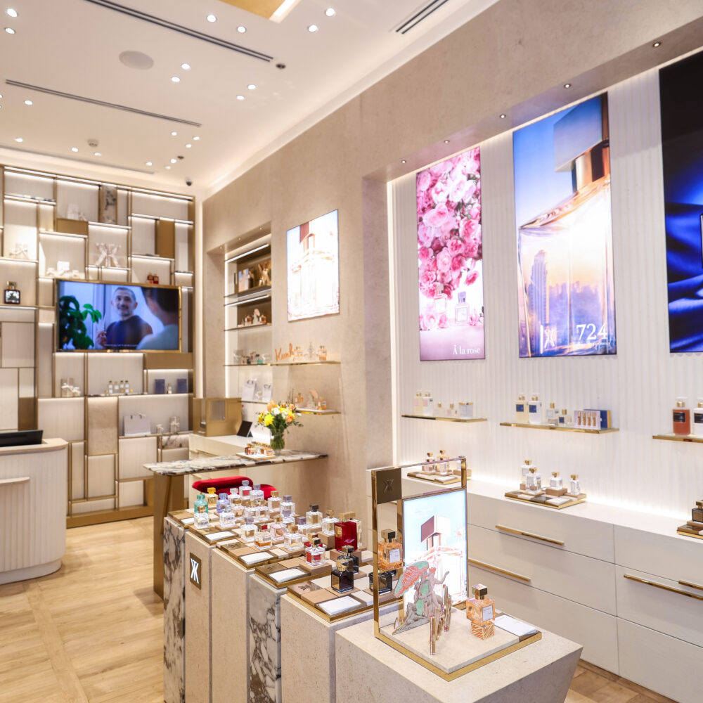 Right side of Maison Francis Kurkdjian boutique at Adora Greenbelt, Manila, highlighting perfumes and décor with Zeplinn’s architectural lighting.