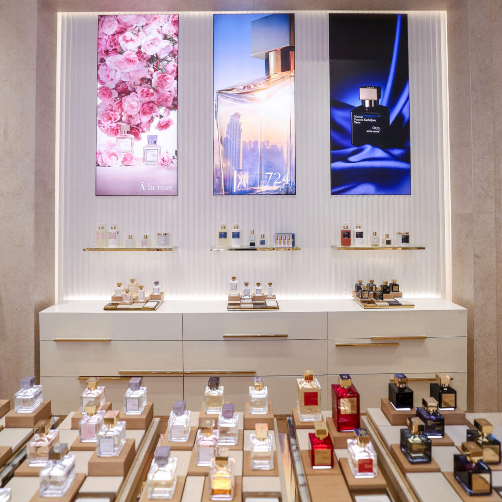 Right wall of Maison Francis Kurkdjian boutique at Adora Greenbelt, Manila, showcasing perfumes illuminated by Zeplinn’s architectural lighting.