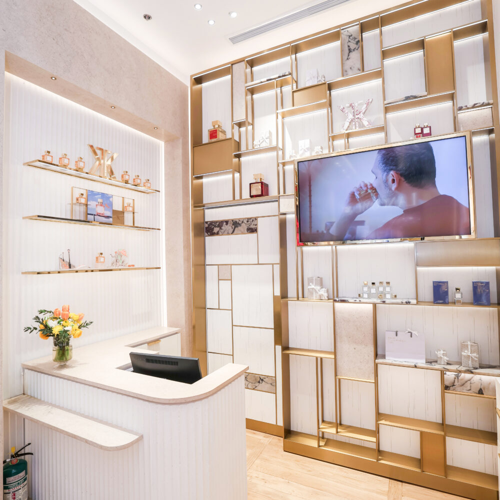 Checkout area of Maison Francis Kurkdjian boutique at Adora Greenbelt, Manila, illuminated by Zeplinn’s architectural lighting.
