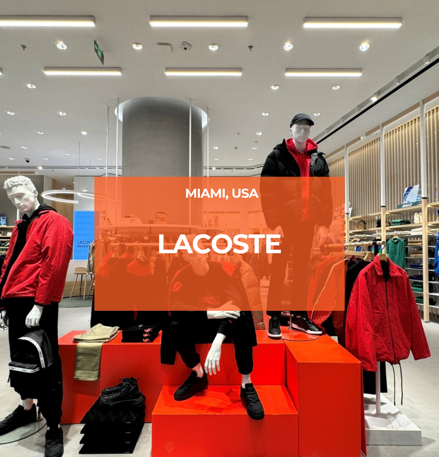 Interior of Lacoste USA store with mannequins illuminated by Zeplinn architectural lighting