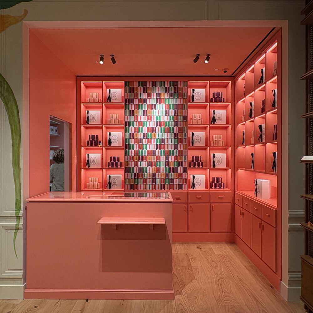 Diptyque candles displayed under Zeplinn architectural lighting in Miami Brickell store