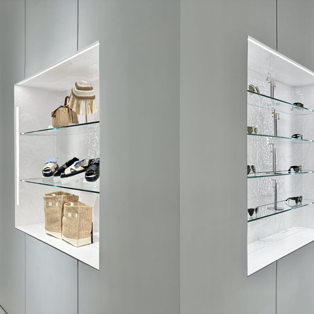 Marni Changsha boutique interior with illuminated square niches displaying products under Zeplinn’s bespoke retail lighting design.