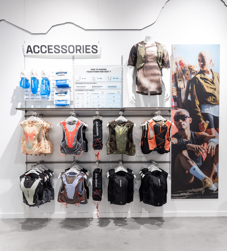 Salomon Battersea bags and accessories displayed on a wall, illuminated by Zeplinn 4000K CRI95 architectural lighting.