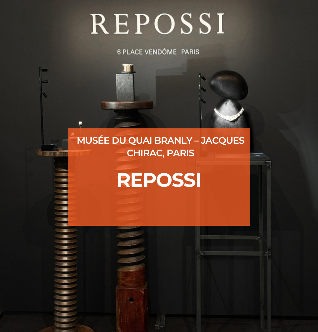 Repossi logo above illuminated jewellery displays, featuring Zeplinn’s luxury display lighting system.